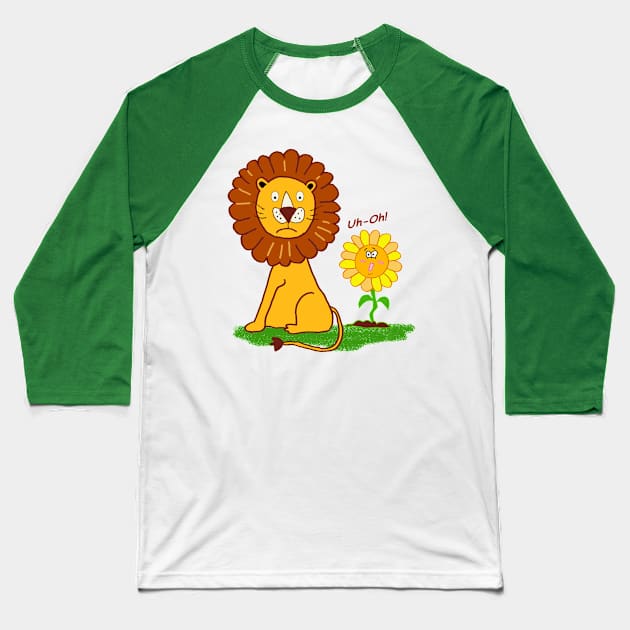 Stunned Lion with Funny Sunflower Baseball T-Shirt by Blissful Drizzle